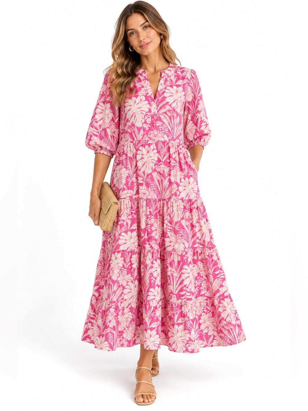 J. McLaughlin Pink Tropical Floral Linen Blend Tiered Maxi Dress M NWOT